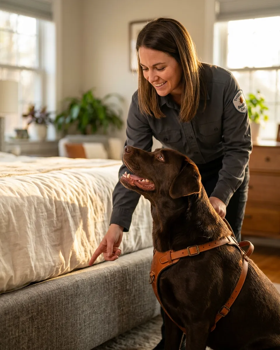 Woman in gray shirt interacts with a brown dog near a bed.