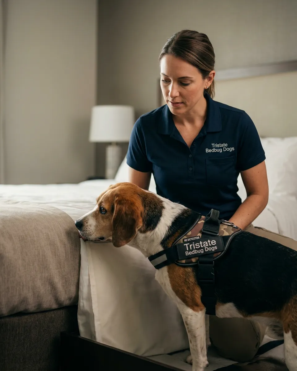 Employee with a dog inspecting hotel bed for bedbugs.
