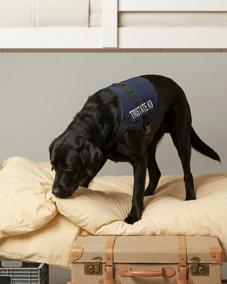 Black labrador wearing a service vest sniffing a bedside pillow.